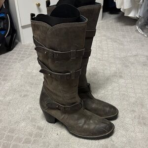 Tall Buckle Strap Leather Boots in Dark Brown- Genuine Leather - Italy